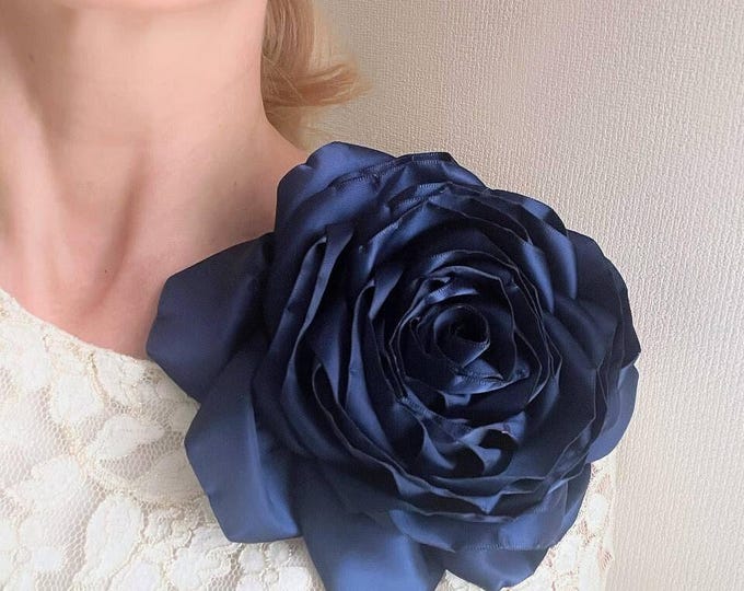 Oversized Navy Blue Rose Brooch: Handmade Wedding Corsage