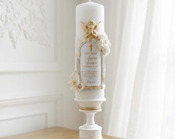 Personalized Baptism Candle with Gold Cross and Angel, Lace, Custom Christening Keepsake