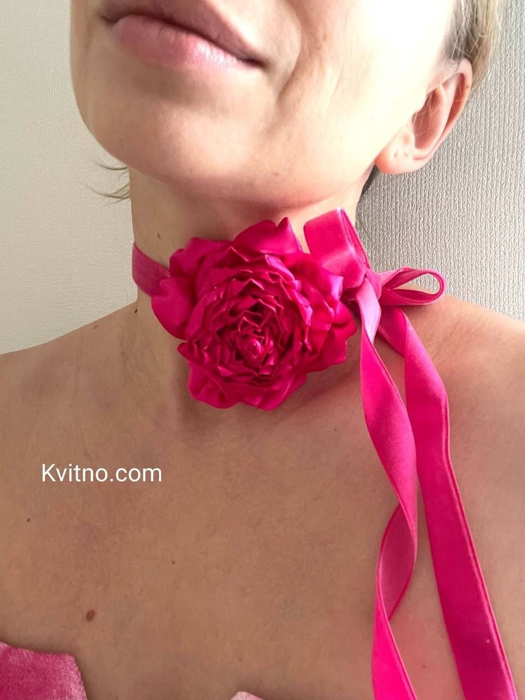 Navy and Pink Vintage Flower Choker, Flower Necklace, Ribbon