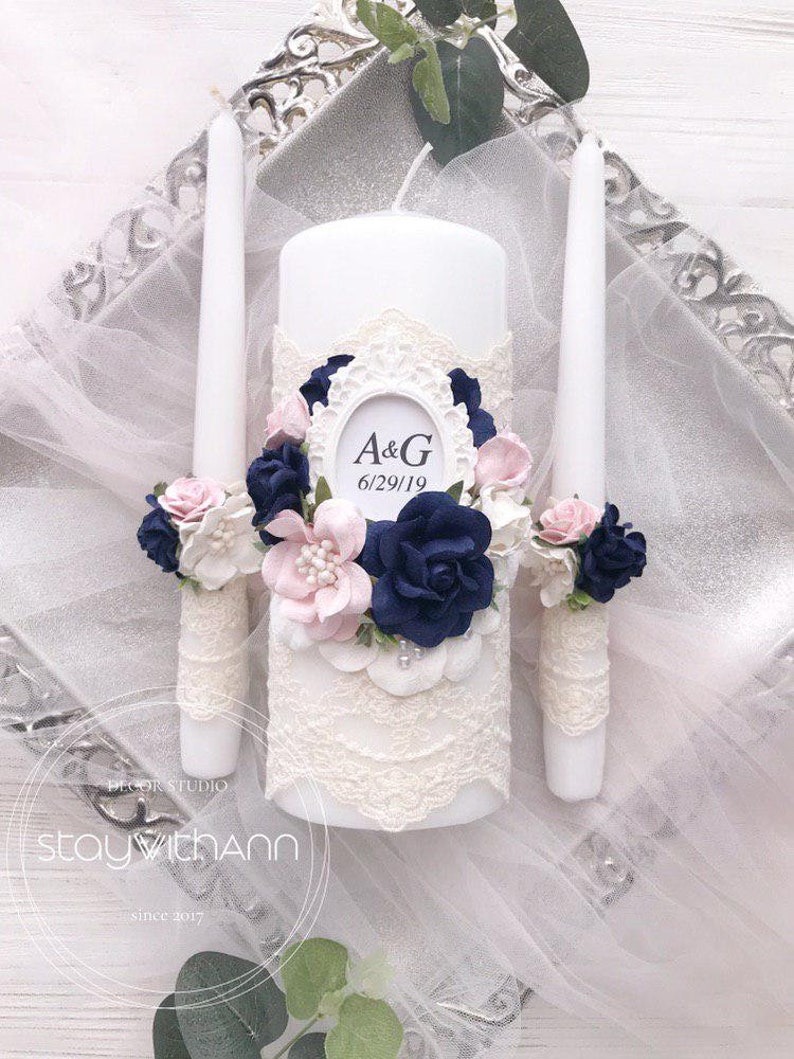 Navy Blue Unity Candle Set Wedding Candles set Persinalized Etsy