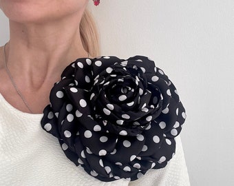 Handcrafted Polka Dot Flower Brooch Large Flower Brooch Oversized Flower Pin Black and White Large Flower Brooch