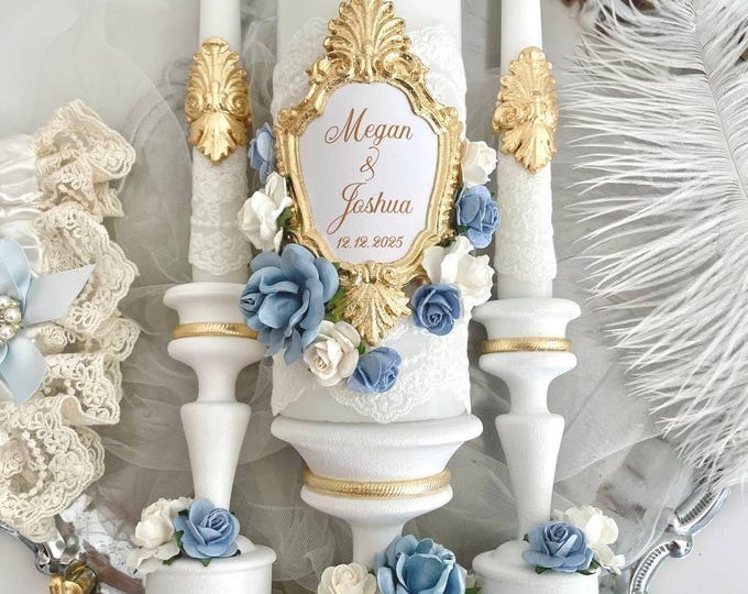 Wedding Unity Candle Set Dusty Blue Flowers & Lace Personalized with Holders and Gold Frame