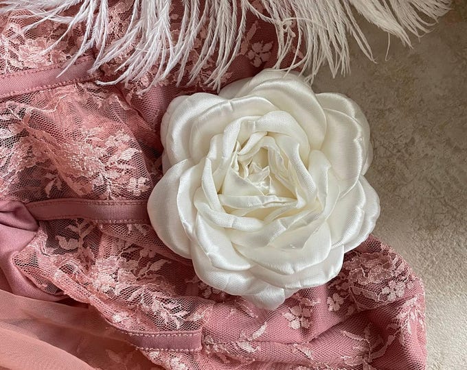 Ivory Satin Camellia Rose Brooch: Handmade Wedding Guest Flower Pin