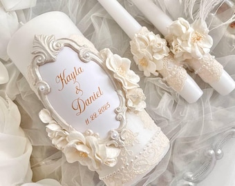 Custom Wedding Unity Candle Set: Lace, Flowers, & Personalized Frame