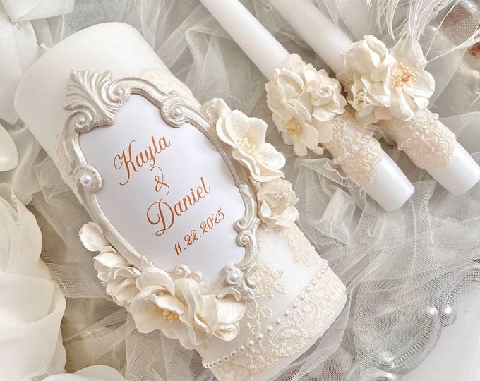 Custom Wedding Unity Candle Set: Lace, Flowers, & Personalized Frame