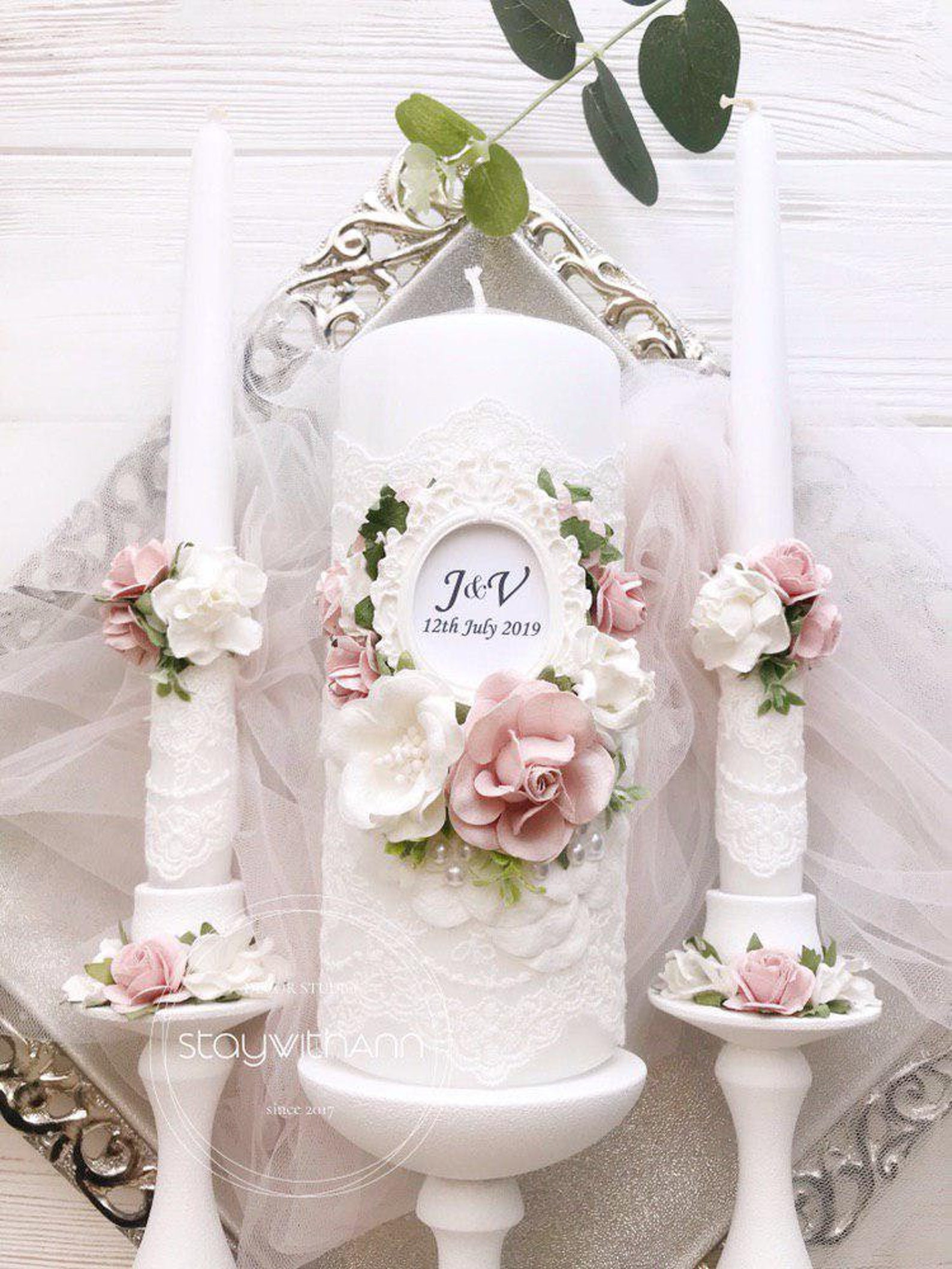 Unity candle set in light pink Unity candle set crystal Unity Etsy