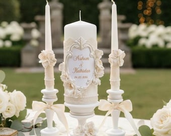 Elegant Garden Wedding Unity Candle Set, 3D Floral Frame, Custom Ceremony Decor