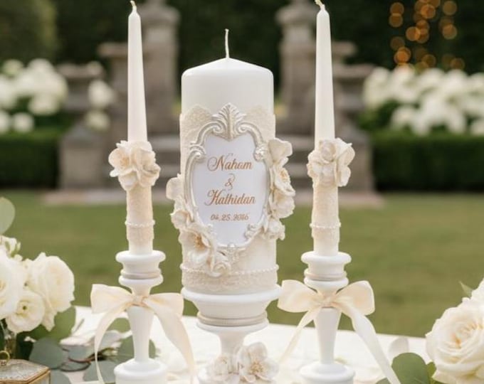Ivory Unity Candle Set | Vintage-Inspired Lace Wedding Candles | Elegant Ceremony Decor Pearls and Florals