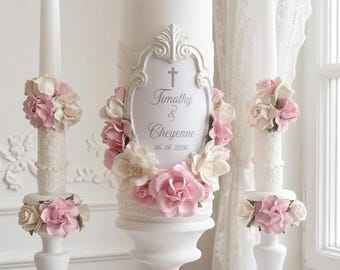 Whimsical Pink Floral Wedding Unity Candle Set Shabby Chic Lace Silver Frame Ceremony Decor