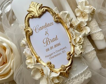 Ivory Cream Unity Candle Set – Gold Frame Lace Wedding Candles | Custom Ceremony