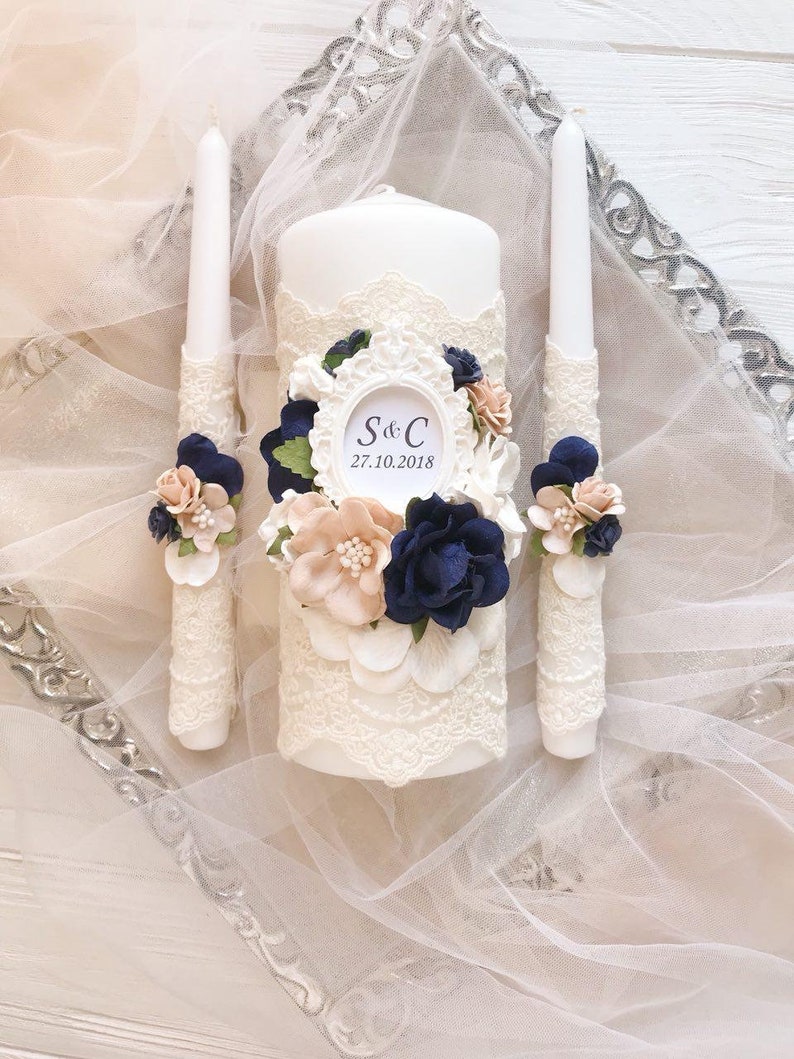 Navy Blue Unity Candle Set Wedding Candles set Persinalized Etsy
