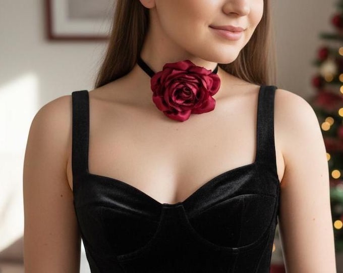 Handmade Burgundy Flower Choker Necklace – Holiday & Christmas Party Outfit Accessory and Gift – Custom color