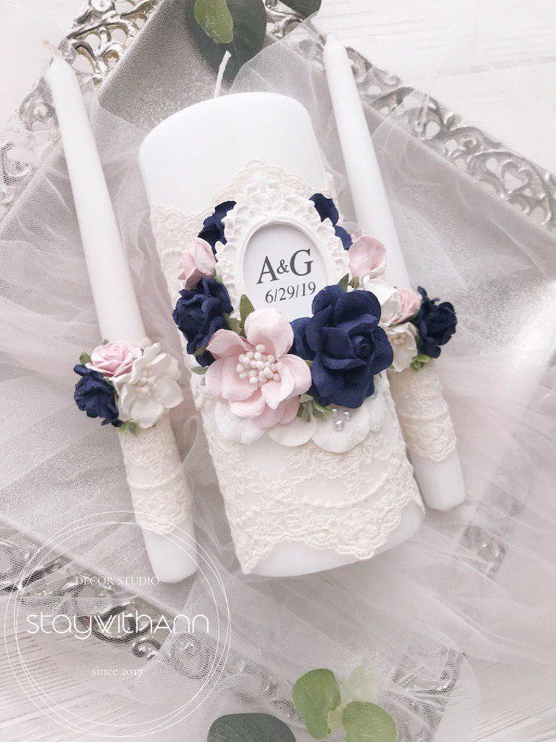 Navy Blue Unity Candle Set Wedding Candles set Persinalized Etsy