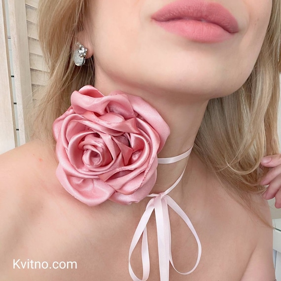 Dusty Rose Flower Choker Necklace Pink Choker Necklace Rose