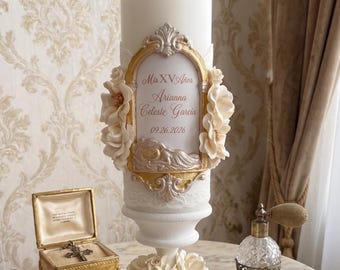 Personalized Quinceañera Ceremony Candle Set – Lace Floral, Quinceanera Ceremony Custom Colors - Name & Date