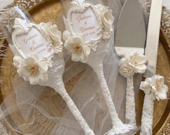 Personalized Wedding Glasses Custom Champagne Lace Toasting Flutes Bride Groom Bridal Shower Gift