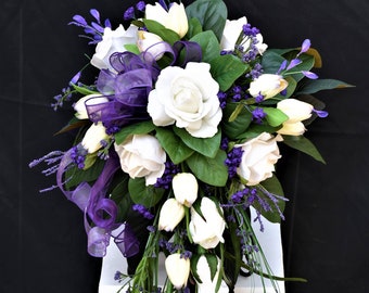 Cascade Bouquet Cream (Ivory color) & Purple Real Touch Large