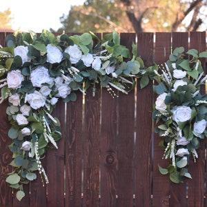 Large Arch Arbor Event Swag, Silk Floral Backdrop, Hanging Wedding Altar Flowers X-Full Soft White, Ivory or Custom color Rose Eucalyptus
