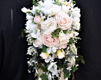 Cascade Bridal Bouquet Blush and Soft White Roses, Ivory Peonies, Eucalyptus, Heather, Gladiolus & wild flowers