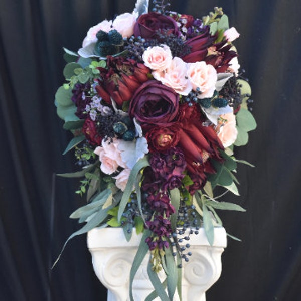 King Protea Eucalyptus Cascade Bridal Bouquet, Burgundy, Aubergine, Eggplant, Plum, Peach or Blush, Blue X-Large