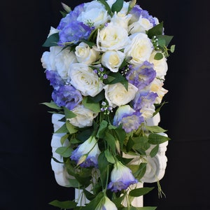 Cascade Bridal bouquet Cream Rose and Purple Lavendar tipped Lisianthus Large
