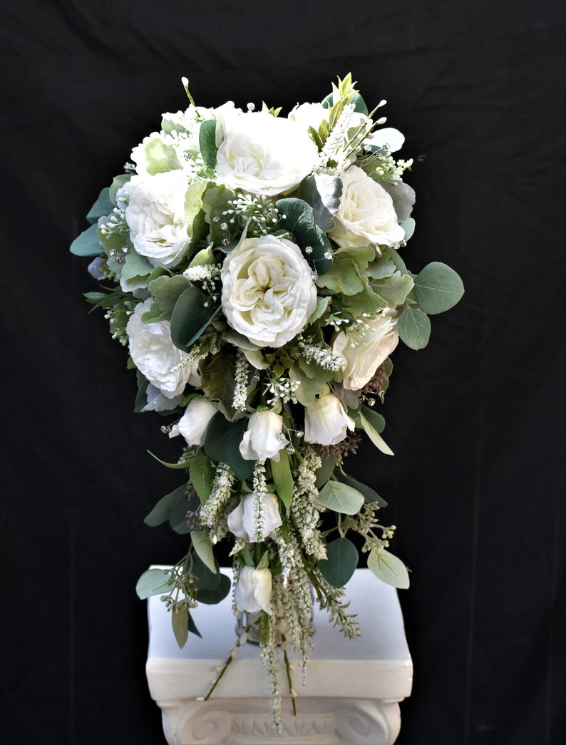 Cascade Bouquet White & Sage Eucalyptus Dusty Miller Large | Etsy