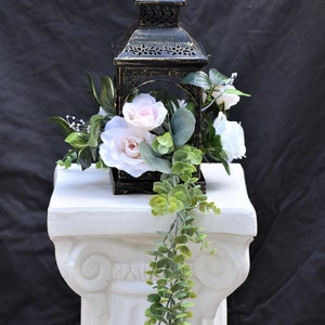 Blush & Soft White Tea Roses Eucalyptus, Succulent Lantern Silk Flower Arrangement, Lantern Centerpiece, Sweetheart Table Decorations