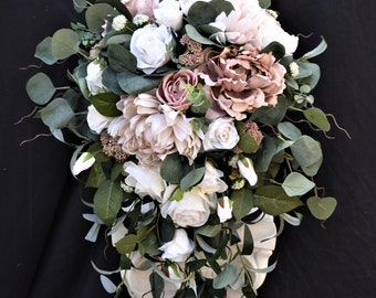Unstructured Cascade Bouquet Dusty Rose Mauve Peony, Champagne, White, blush, Sage, Eucalyptus X-Large