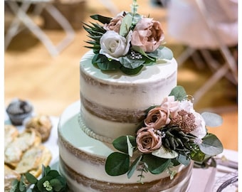 Dusty Rose, Antique Pink, Blush, Ivory/soft white Natural looking succulent silk flower cake topper & cake decorations