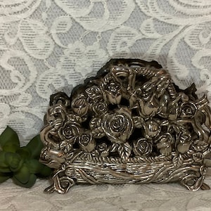 Roses - Vintage Floral Letter & Napkin Holder - Ornate Silver Book Display - Stationary Holder - Postcard Display - International Silver Co.