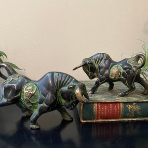 Year Of The Bull - Oxidized Bronze Spanish Bulls - Pair of Ornate Vintage Solid Bronze Bull Statues