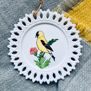 Hand Painted Opaline Milk Glass Plate - Yellow Finch Bird