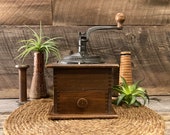 Rise Shine - Antique Coffee Grinder - Hand Crank - Cast Iron and Wood Coffee Mill - Box Joints