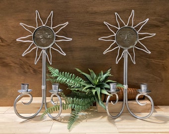 Solstice Magic - Cast Metal & Glass - Vintage Celestial Candelabras - Pressed Glass Sun Face - Wall Mount Candle Holder Set