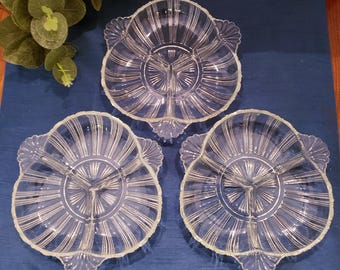 1960-talets Hazel Atlas - Gratängt glas med relish och cocktailskål - Vintage prydnadsskålar - Set om 3