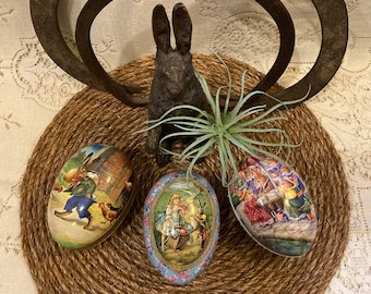 Vintage Papier Mache Easter Eggs - German Nestler Eggs - Paper Mache Egg Set - Alice Girl - Hare & Chickens - Bunny Rabbit Party - Germany