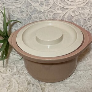 May include: A round, lidded casserole dish in shades of pink and cream. The dish has a light pink exterior, a cream-colored lid, and a pink rim. A green plant is visible on the left side of the image.