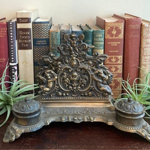 Cherubs - Antique Brass Letter Holder - Double Inkwell Desk Set with Pen Tray & Ink Well Insert Cups - Made In Italy
