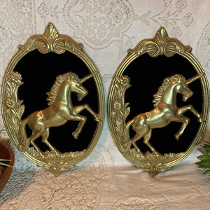 Mythical Unicorns - Floral Brass & Felt Framed Unicorn Set - MidCentury Solid Cast Brass Unicorn Decor - Hanging Wall Mount Magical Creature