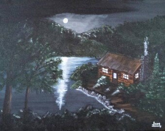 Moonlight reflection mountain lake cabin landscape