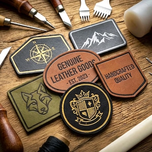 May include: A collection of handcrafted leather goods patches with various designs, including a compass rose, mountain range, and wolf head. The patches are in shades of black, brown, and olive green, with gold accents. Tools for leatherworking are arranged around the patches.