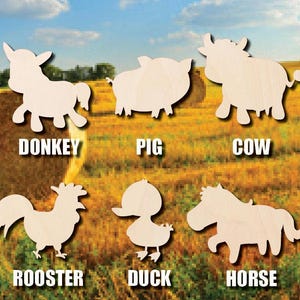 Farm Animals Set Raw Wood Cutout Shapes Unpainted Sign 1/5&quot; thick