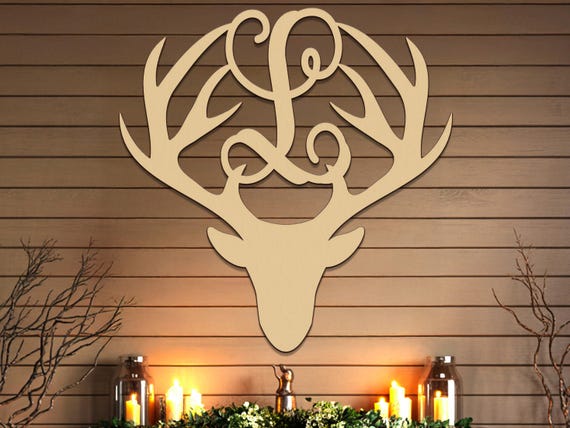 Wood Deer Monogram Name Sign Antler Vine Horns Custom Cutout Unpainted