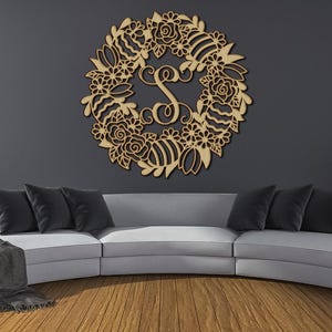 Custom Floral Wreath Wood Cutout Wall Decor Personalized Gift Vine Monogram Shape Sign 1/5&quot; thick
