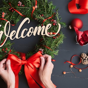 Welcome Cutout Word Raw Wood Unpainted Blank Door Hanger Sign 1/5&quot; thick