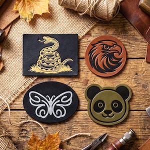 May include: A collection of leather patches with various designs, including a coiled snake, an eagle, a butterfly, and a panda bear. The patches are in shades of black, brown, and gold, and are arranged on a wooden surface with tools and leather scraps.
