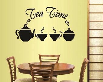 In-Style Decals Wall Vinyl Decal Home Decor Art Sticker Tea Time Teapot Kettle and Cups Kitchen Restaurant Café Mural Removable Design 181