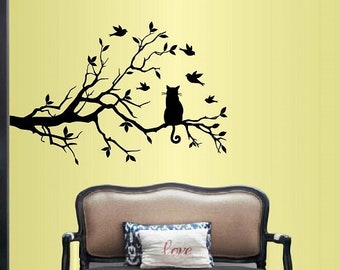 In-Style Decals Wall Vinyl Decal Home Decor Art Sticker Cat Sitting on Tree Branch Birds Removable Stylish Mural Design for Any Room 629