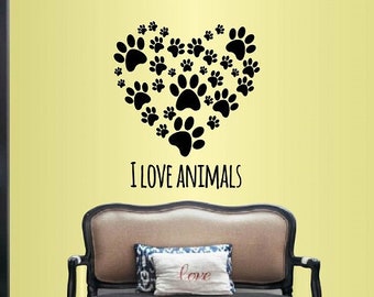 In-Style Decals Wall Vinyl Decal Home Decor Art Sticker I Love Animals Heart Paw Prints Pet Shop Grooming Salon Veterinary Mural Design 248