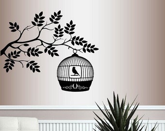 In-Style Decals Wall Vinyl Decal Home Decor Art Sticker Cute Bird Cage on Tree Branch Removable Stylish Mural Unique Design for Any Room 187